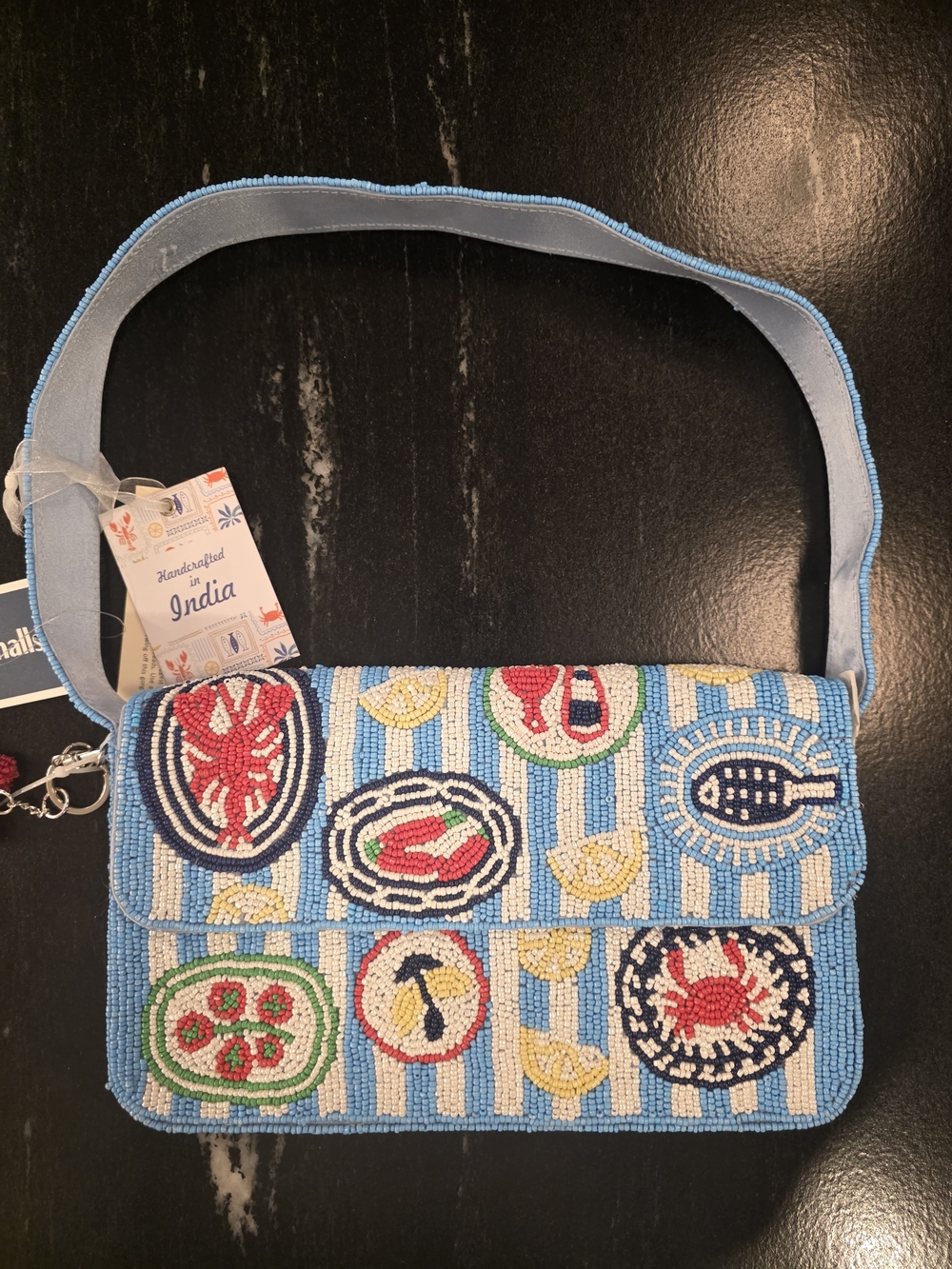 NWT Seafood Blue Striped Beaded Shoulder Bag
